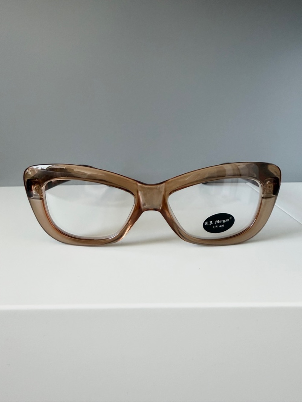 AJ Morgan caramel tan oval cateye clear lens eye glasses